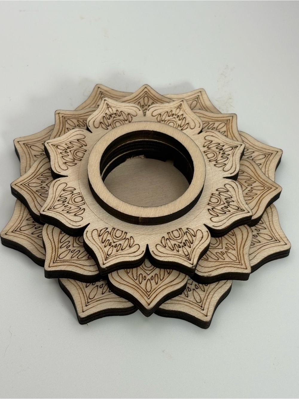 Layered Wooden Lotus Mandala Crystal Sphere Stand Display Holder